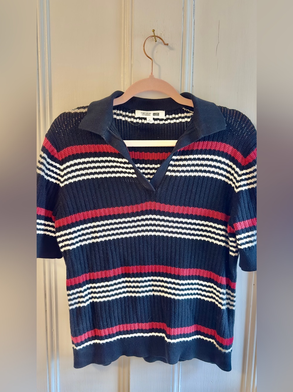 Comptoir Des Cotonniers Navy, White & Red Striped V‑Neck Sweater
